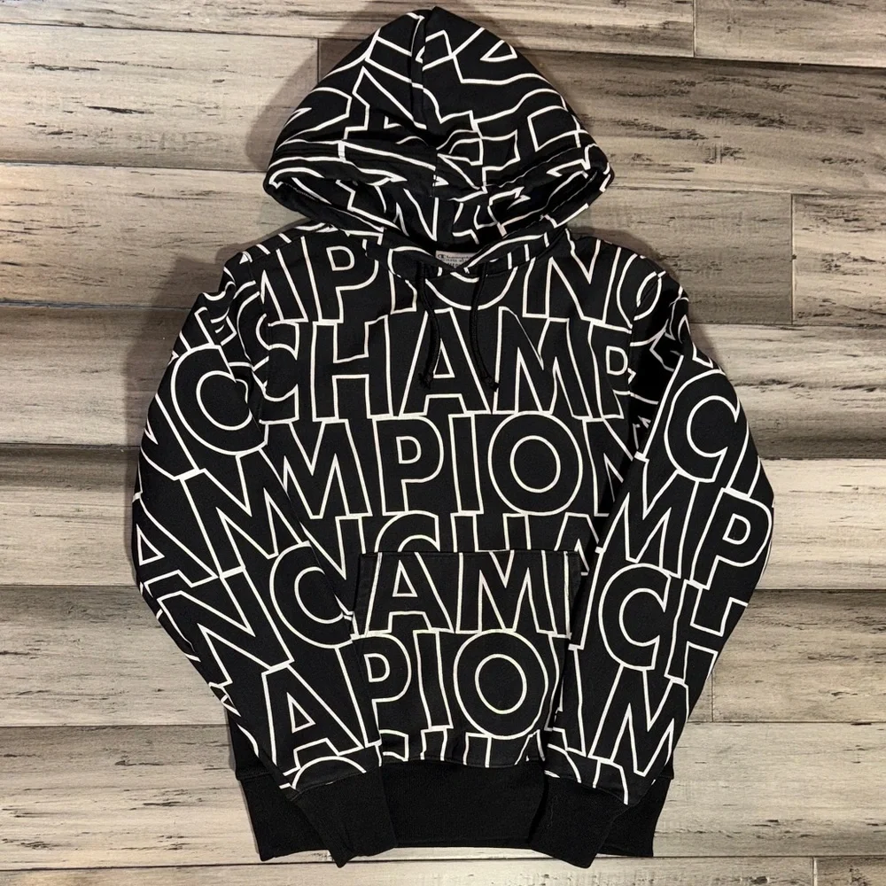 NWOT Champion Black Hoodie with White All-Over Logo Print